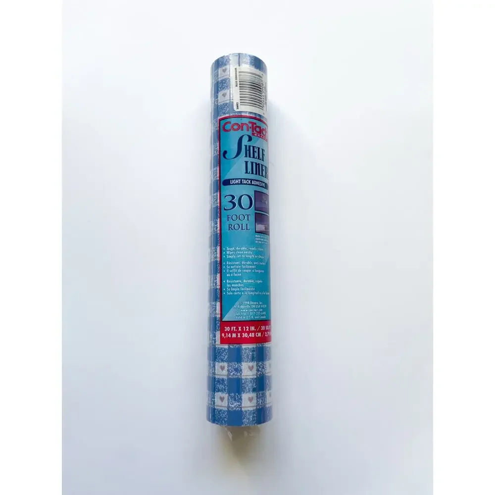 New Vintage 90s Con-Tact Shelf Liner Cottagecore Blue Gingham Hearts 30 Ft Roll